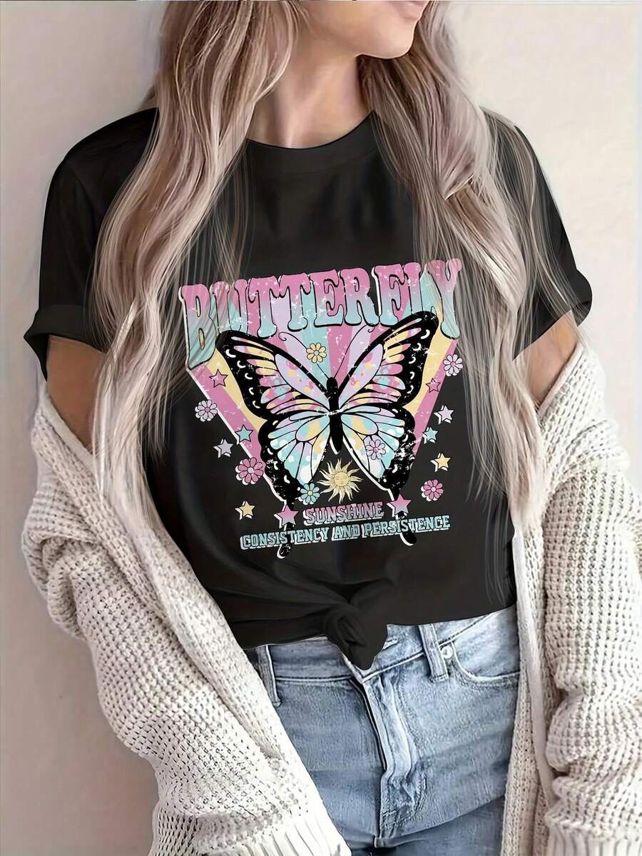 Women's Plus-Size Printed Short-Sleeve Crew Neck T-Shirt, Breathable And Perfect For Summer. This Casual, Butterfly-Print T-Shirt Is Ideal For Spring, Summer, And Fall. Suitable For Year-Round Wear, It's Simple, Makes A Great Gift, And Is Perfect For Everyday Wear, Especially During The Cool Summer Months. - [] - 查看 1