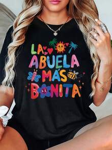 Women's Casual T-Shirt With Coconut Tree Print And Colorful Lettering - Short Sleeve Crew Neck Top, Elastic, Soft Polyester Blend - Vintage Urban Style, Unisex, Loose Fit, Cotton, Crew Neck And Short Sleeve - 黑色 - 查看 7