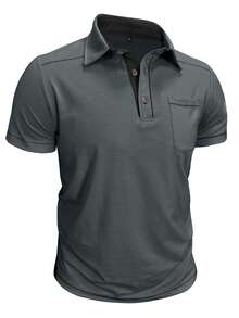 Plus Size Men's Short Sleeve POLO Shirt, Summer Contrast Color Button Pocket Collar Top, Casual Solid Color Henley Shirt - Dark Grey - View 3