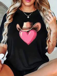 Western Cowboy Style T-Shirt, Polyester Blend, Casual Round Neck, Medium Elasticity, Short Sleeves, Regular Length, Knit Fabric, With Heart-Shaped Print, Suitable As A Summer Top For Women For Everyday Wear. - 黑色 - 查看 6