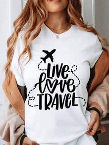 Women's Cotton T-Shirts With A "Live Love Travel" Graphic Design, Ideal For Travel Lovers And Adventure Seekers. Perfect For Everyday Wear, They Make A Great Gift For Travel Enthusiasts. - 白色 - 查看 1