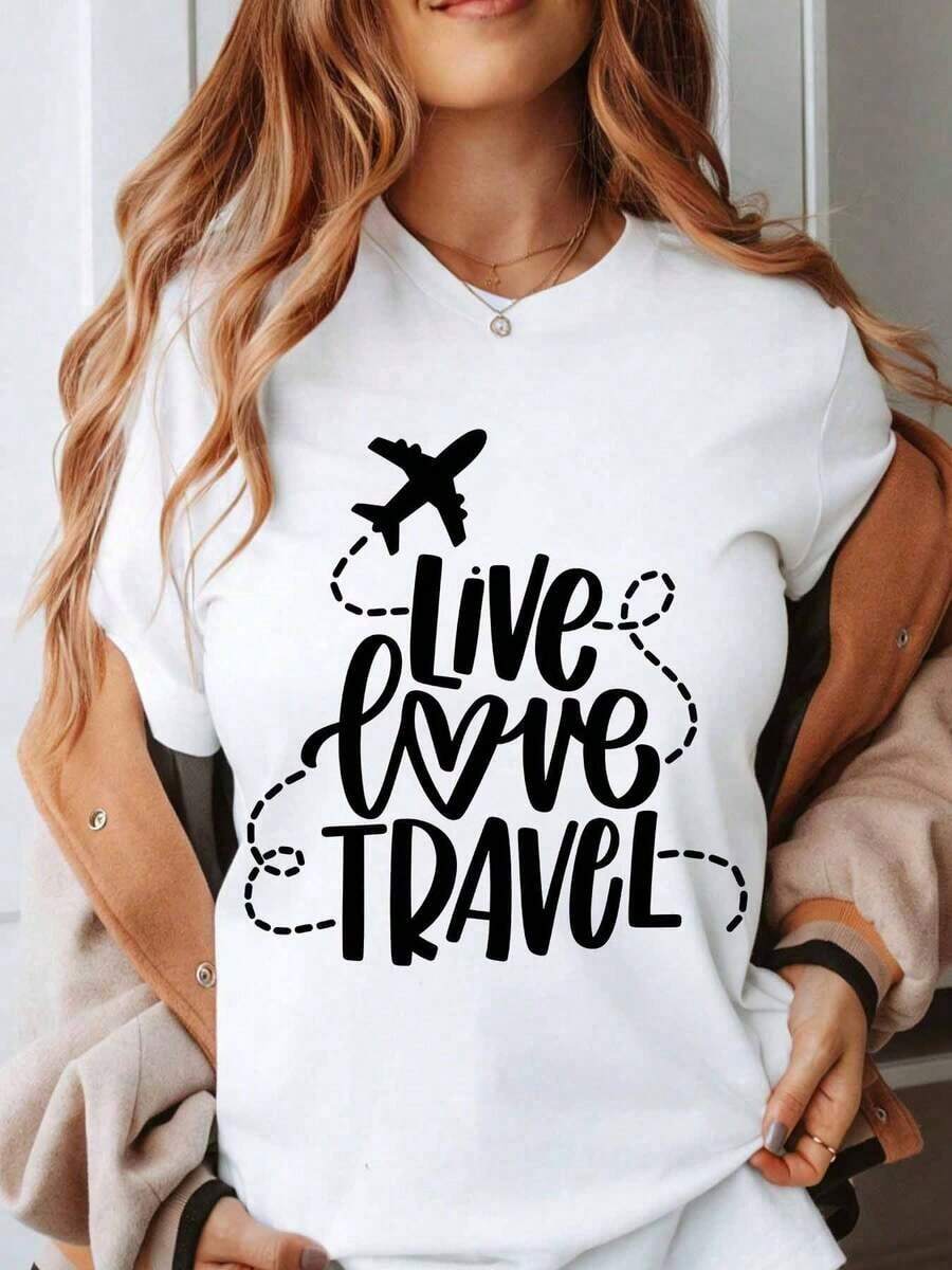 Women's Cotton T-Shirts With A "Live Love Travel" Graphic Design, Ideal For Travel Lovers And Adventure Seekers. Perfect For Everyday Wear, They Make A Great Gift For Travel Enthusiasts. - 白色 - 查看 1