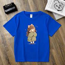 Women's Anime Print T-Shirt - Korean Style, Cute Short Sleeve Anime T-Shirt With Round Neck, Casual Summer Top For Outfits (Machine Washable) Soft - 藍色 - 查看 7