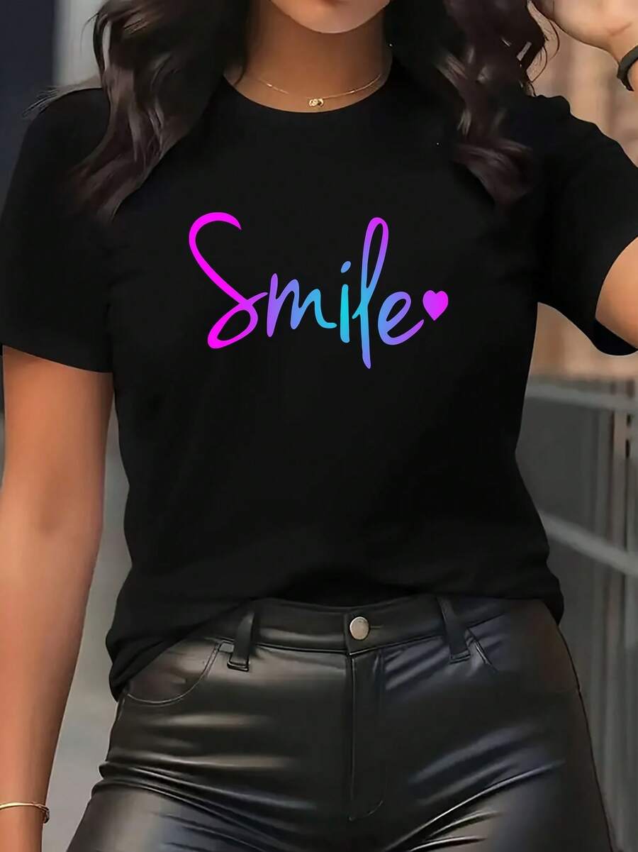 Women's Short Sleeve T-Shirt With Stylish Y2K Print - "Perfectly Imperfect" Lettering Design, Easily Complements Various Styles. Crew Neck For Breathability And Comfort, Made From Polyester Blend Fabric Suitable For Year-Round Wear. Available In Multiple Colors - 黑色 - 查看 1
