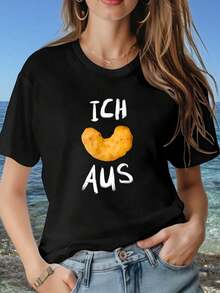 New 2026 Collection: Women's Cotton T-Shirt With German Heart Design And Fried Snack Theme - Fun Food And Slogan Decoration, Casual Short Sleeve, Everyday Top For Food Lovers - 黑色 - 查看 1
