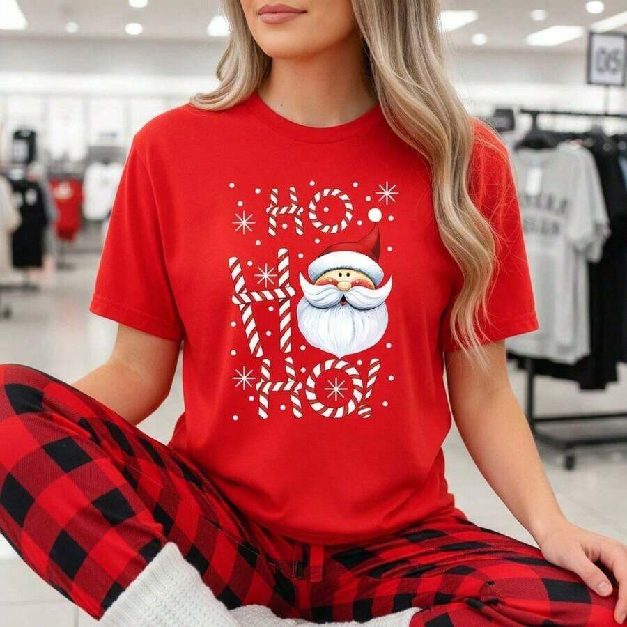 Women's Santa Claus Christmas Print Cotton T-Shirt, Short Sleeve T-Shirt With "Ho Ho Ho" Candy Cane Design, Loose Fit Casual Top, Sizes S-5XL, Christmas Party Gift, Soft And Breathable Pure Cotton Blouse, Festive Christmas Clothing For Women. - 紅色 - 查看 1