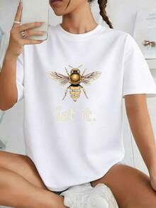 PremiumFashionable Wo Loose-Fitting White T-Shirt, Adorned With Exquisite Golden Bee Patterns And The Phrase "Let It." It's A Casual And Comfortable Summer T-Shirt, Suitable For Everyday Wear And Selfies. Great Gift Idea. - 白色 - 查看 7
