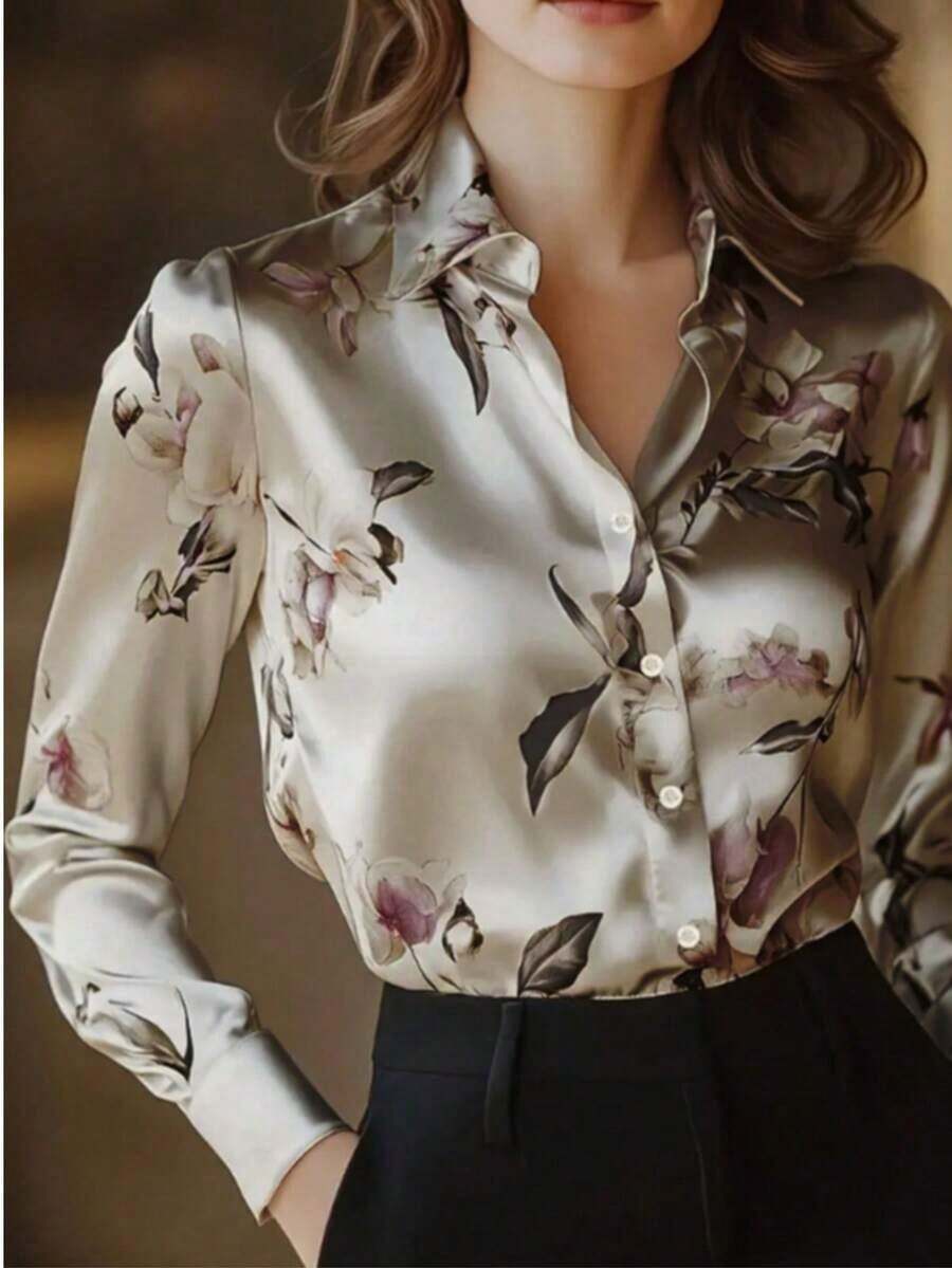 1 Piece Of Long-Sleeved Button-Down Shirt With Floral Print, Suitable For Dates, Holidays, Birthdays, Parties, Travel, Spring/Autumn Vacation. - 香檳色 - 查看 1