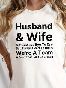 T-Shirt With Husband Print, Short Sleeves, Round Neck, Casual Top For Summer And Spring, Women's Clothing - Putih - View 8