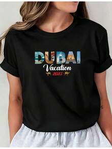 Soft Latest Design Dubai Holiday Print T-Shirt, Basic Casual Crew Neck T-Shirt, Long Sleeve Spring And Summer Holiday T-Shirt, New Women's Clothing, Machine Washable I01, Casual Crew Neck Top, Comfortable Women's Clothing, Cute, New Arrival - 黑色 - 查看 1