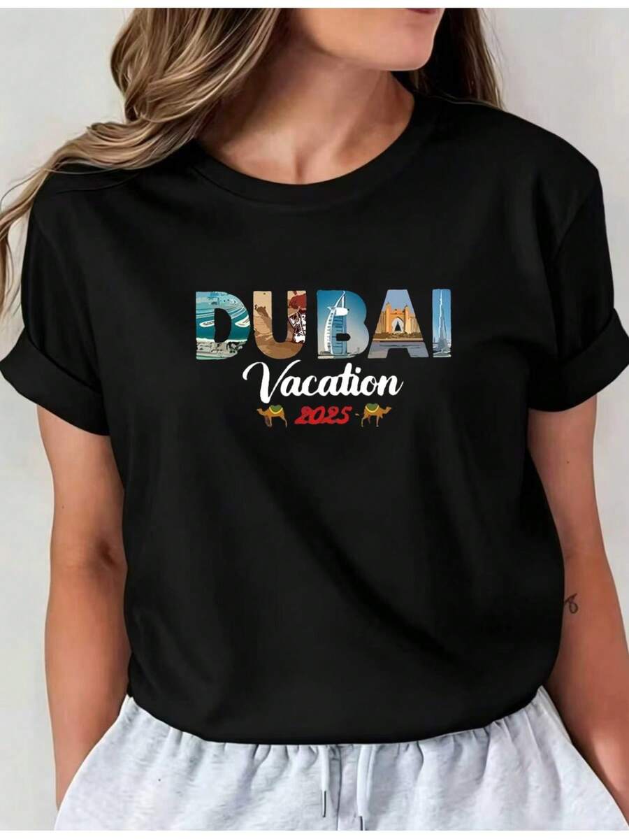 Soft Latest Design Dubai Holiday Print T-Shirt, Basic Casual Crew Neck T-Shirt, Long Sleeve Spring And Summer Holiday T-Shirt, New Women's Clothing, Machine Washable I01, Casual Crew Neck Top, Comfortable Women's Clothing, Cute, New Arrival - 黑色 - 查看 1