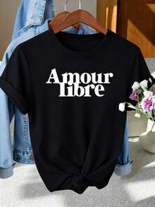 Women's Plus Size Loose Fit Summer Clothes, "Free Love" Print T-Shirt, Suitable For Casual Daily Wear In French Style, Elegant Women's Clothing, Style: Round Neck, Short Sleeve, Loose Fit, A Gift For Yourself/Family/Partner/Friends, Cotton T-Shirt, Gift Idea. - 黑色 - 查看 1