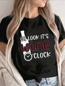 Women's Blouses. Short-Sleeved Polyester T-Shirt, Printed With The Design "Oh, Wine Time", Suitable For Wearing At Home, In Restaurants Or At Parties, Lightweight And Durable, The First Choice For Everyday Wear, Women's Clothing. - 白色的 - 查看 11