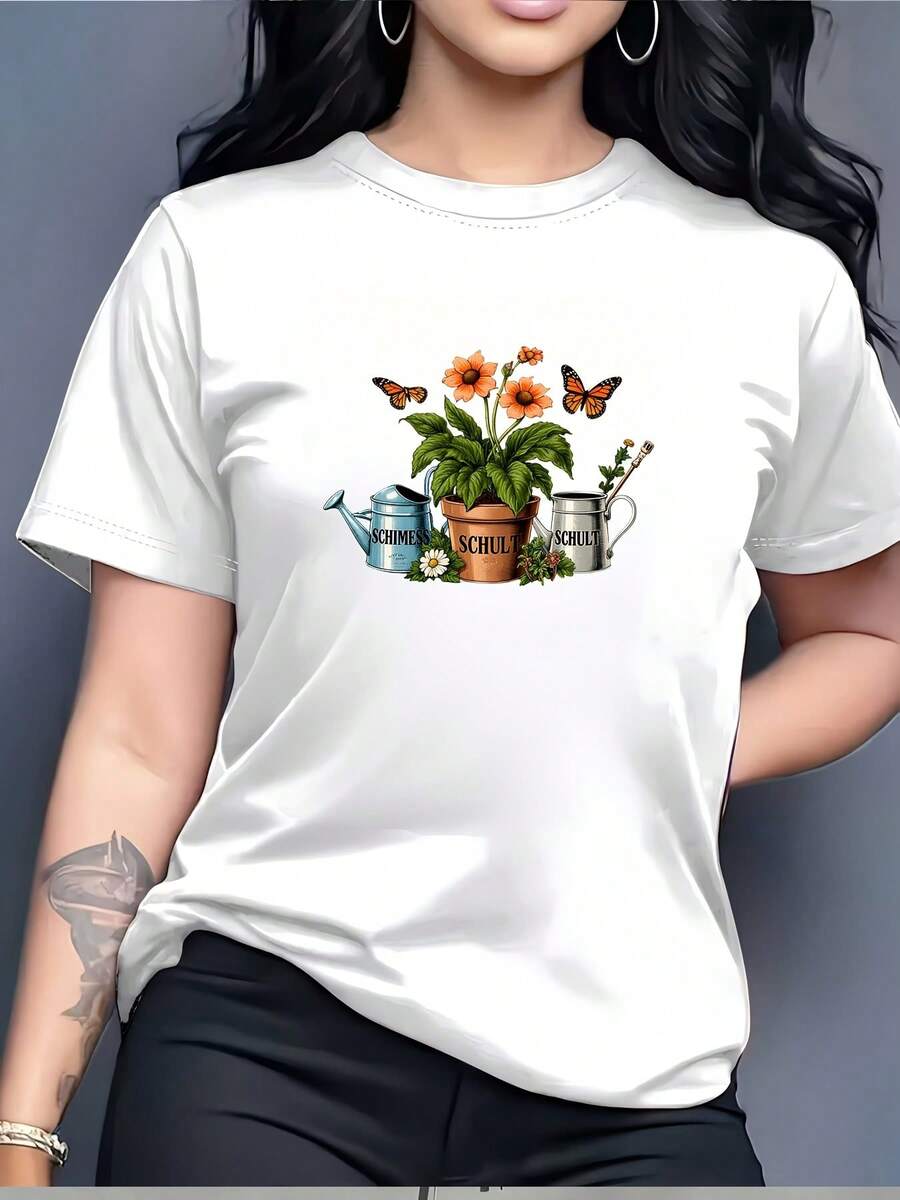 Women's "Soft Spring Garden Art" T-Shirt (180g) - Perfect Gift For Moms And Plant Lovers | Unique Butterfly Design | Modern Summer Fashion, Suitable For Team Building Activities At Home And In Offices. - 白色 - 查看 1
