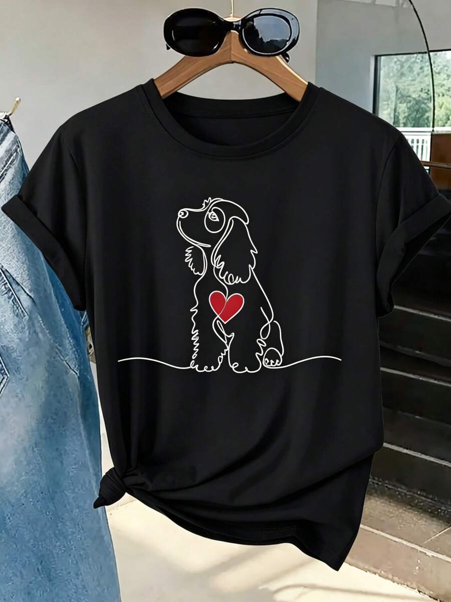 Women's Cocker Spaniel Line Art T-Shirt - Soft And Breathable Short-Sleeved Crew Neck Top With A Cocker Spaniel Dog Print, Machine Washable, Suitable For Casual Spring, Summer And Autumn Wear, Sizes S-XXL For Walks, Park Outfits And Everyday Wear - Black - View 1