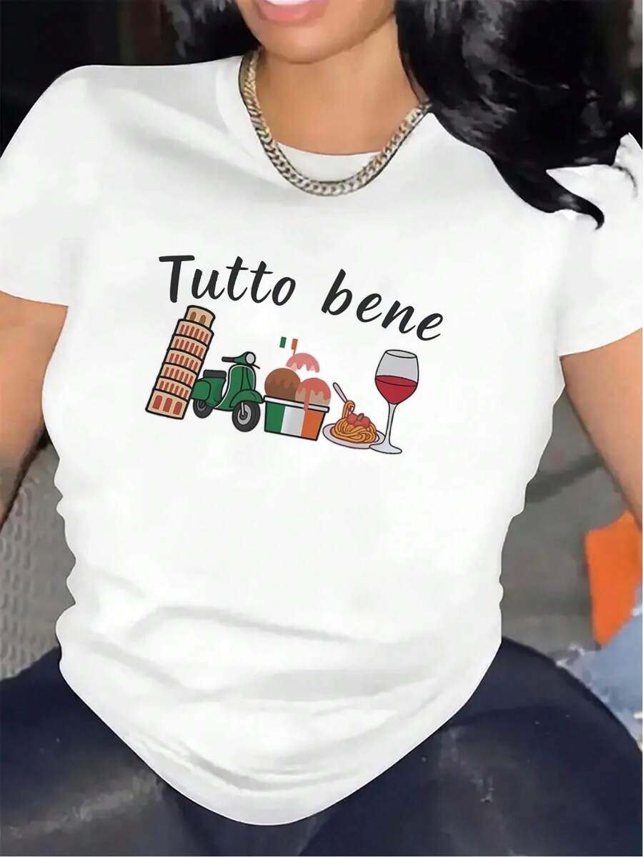 This Women's Short-Sleeved T-Shirt, Made From Lightweight Yet Durable Fabric, Features The Italian Theme Tutto Bene, Which Includes Pizza, Wine, And Famous Places, Making It Perfect For Casual Wear At Home Or For Dining Out. - 白色 - 查看 1