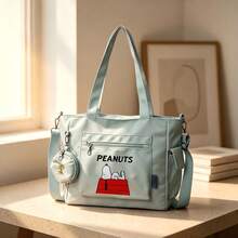 Miniso Peanuts Snoopy Red Doghouse Print Mint Green Casual Multi-Functional Large Capacity Tote Bag 2 Pieces Set With Detachable Coin Purse, Multi-Way Carry, Ideal For Work, Travel, Shopping And Everyday Use - Mint Green - View 3