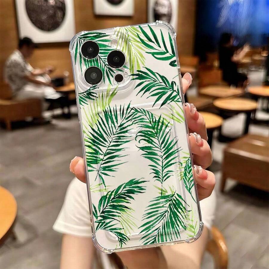 1 unidad Patrón tropical de hojas de palma Funda para iPhone 17 PROMAX, protección anticaída con airbag reforzado en las cuatro esquinas, tarjetero invisible integrado en la parte trasera, compatible para tarjeta personal, carnet de conducir, tarjeta de acceso y tarjeta de transporte, funda protectora antigolpes portátil con ranura para tarjetas, diseño sencillo y elegante, ideal para uso diario, desplazamientos y viajes - transparente - Ver 1
