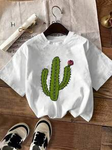 Women's Summer T-Shirt With Green Cactus And Pink Flower Print, Short Sleeve T-Shirt, Top, Fashionable Printed Casual Wear For Ladies, Elegant Women's Clothing - 白色 - 查看 1