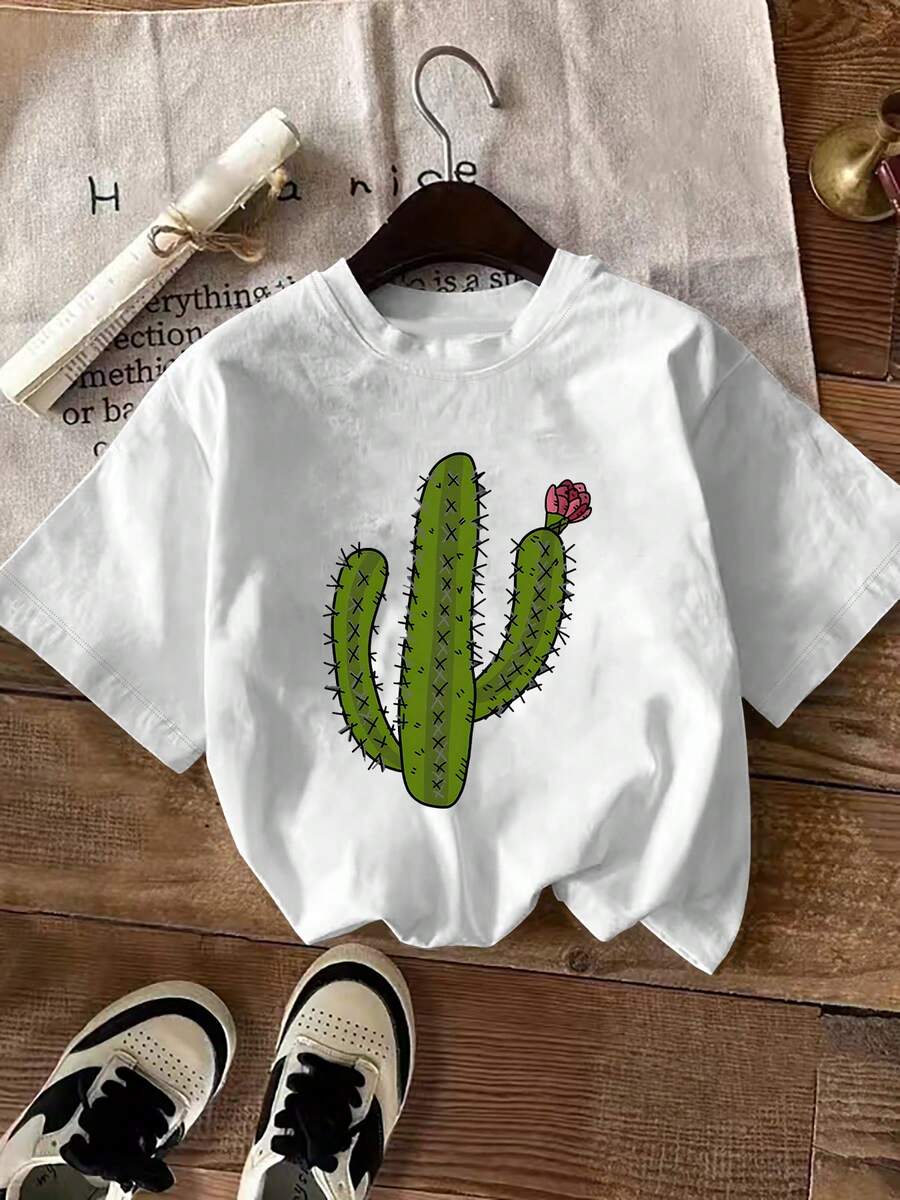 Women's Summer T-Shirt With Green Cactus And Pink Flower Print, Short Sleeve T-Shirt, Top, Fashionable Printed Casual Wear For Ladies, Elegant Women's Clothing - 白色 - 查看 1