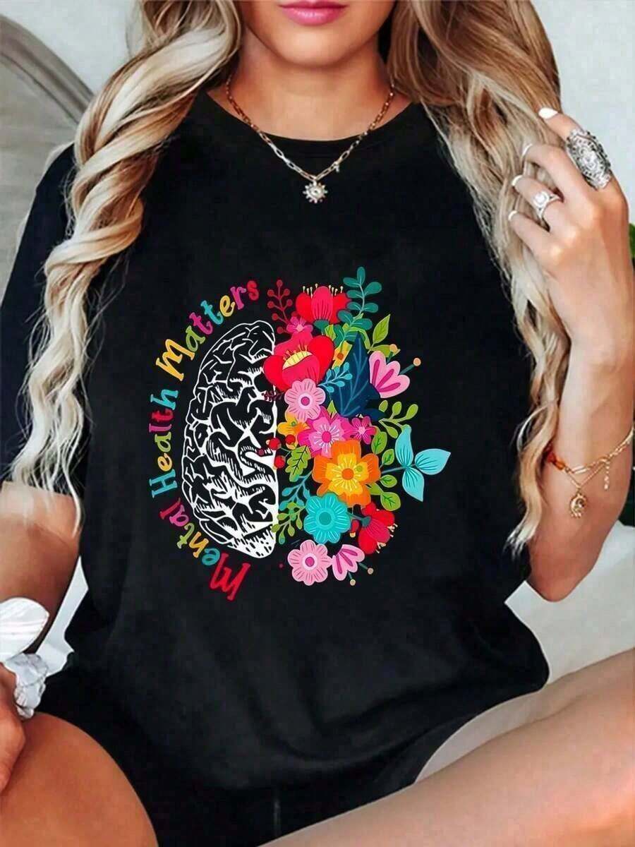 Premium 100% Cotton T-Shirt With Western Graphic Design On Neurodiversity Awareness And Emotions, Men's Graphic Tees, Summer Clothing, Summer Tops, Y2k Graphic Tees, Simple Solid Color Men's T-Shirt, Loose And Slim Fit, Casual, Short Sleeve, Gift Idea - 黑色 - 查看 1