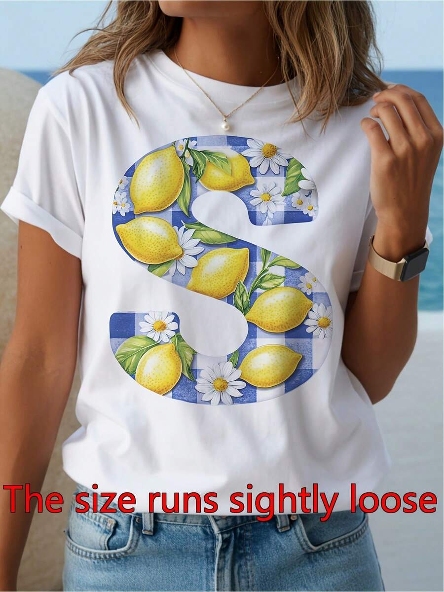 Women's 100% Cotton Casual Short Sleeve T-Shirt - Short Sleeve T-Shirt With A Round Neck And Print. Breathable, Machine-Washable Fabric. Comfortable, Simple, And Stylish For Everyday Summer Wear. Perfect Gift. Loose Fit. Local Shipping. - 白色的 - 查看 1