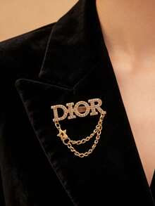 Luxury Rhinestone Letter Chain Brooch Pin With Double Chain And Gold Star Charm For Women Men - Multicolor - View 1