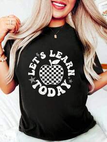 Camiseta Vintage de Algodón, Camiseta de Maestro con Estampado a Cuadros para la Vuelta al Cole, Camiseta Gráfica de Algodón para Mujer, Cuello Redondo, Manga Corta, Estilo Casual para Uso Diario - Negro - Ver 1