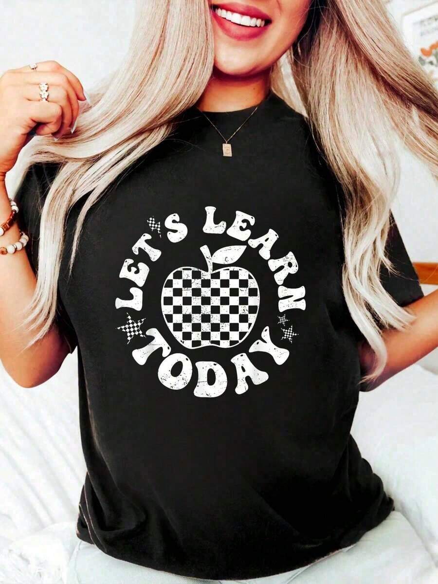 Camiseta Vintage de Algodón, Camiseta de Maestro con Estampado a Cuadros para la Vuelta al Cole, Camiseta Gráfica de Algodón para Mujer, Cuello Redondo, Manga Corta, Estilo Casual para Uso Diario - Negro - Ver 1