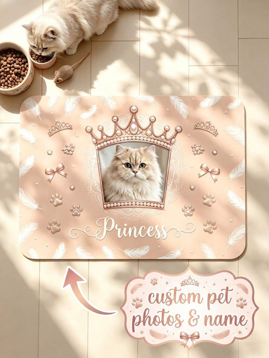 1pc Customized Photo & Name Pet Feeding Mat, Princess Crown Print, Stain-Resistant & Easy To Clean Floor Protector, Cute Gift For Pet Owners, Multi-Scene Decoration - Pink - View 1