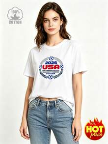 Women's Printed T-Shirt With 2026 Women's World Cup Design - Casual Short Sleeve Crew Neck T-Shirt In White, Relaxed Fit For All Seasons, Perfect For Everyday Wear Or Holiday Outfits (Machine Washable). - 白色 - 查看 1