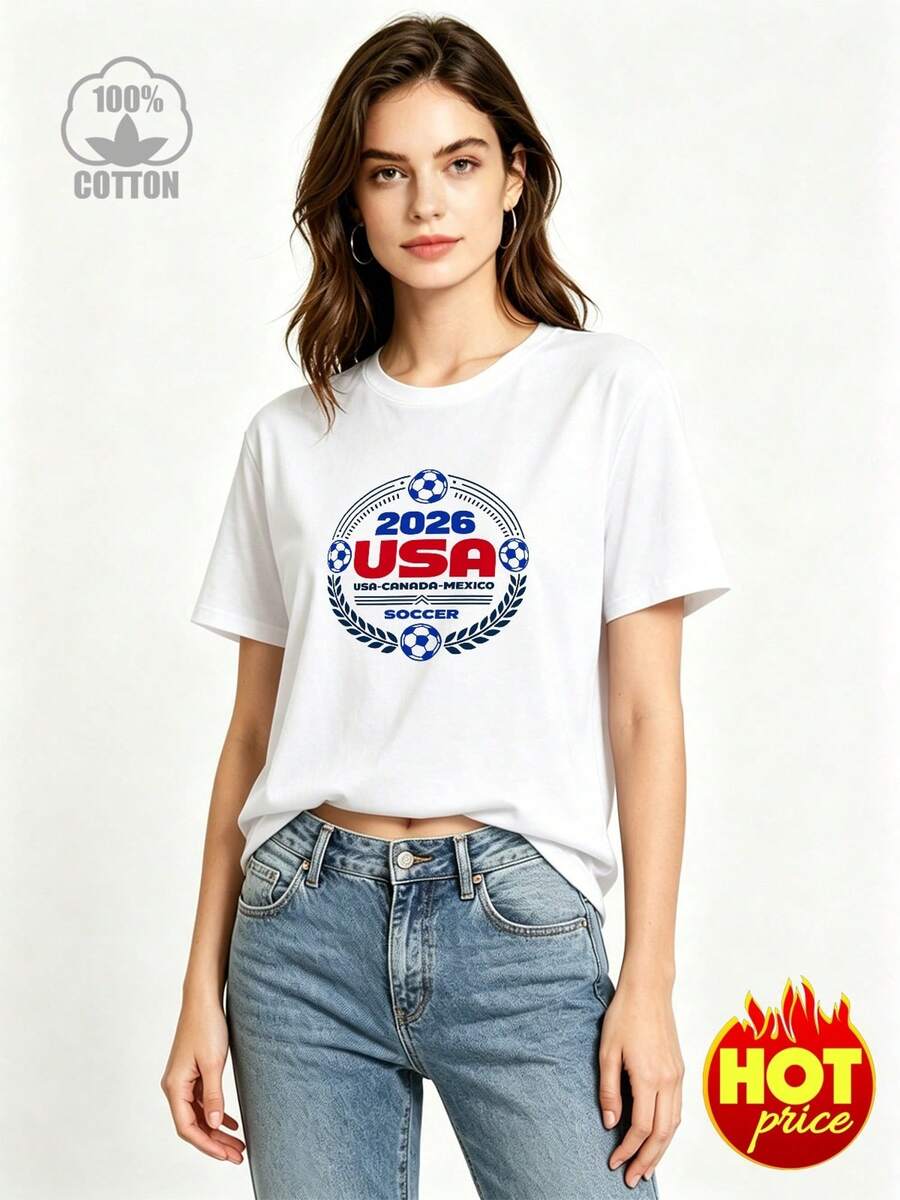 Women's Printed T-Shirt With 2026 Women's World Cup Design - Casual Short Sleeve Crew Neck T-Shirt In White, Relaxed Fit For All Seasons, Perfect For Everyday Wear Or Holiday Outfits (Machine Washable). - 白色 - 查看 1