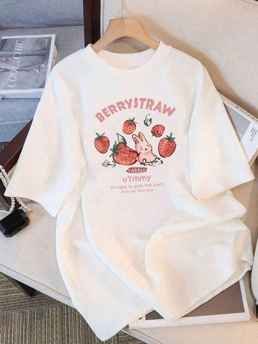 Camiseta de algodón con estampado "Berrystraw Rabbit"casual de moda para mujer - Blanco - Ver 1