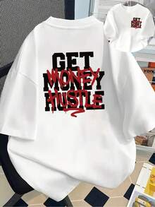 | Exquisite Design | Loose And Comfortable | Easy To Match | T-Shirt With A Print On The Front And Back, Featuring The Phrase "Working Hard To Earn Money", Casual Short-Sleeved Round Neck Top For Women, Comfortable Fit, Soft-Touch Fabric, Classic Design, A Must-Have Fashion Item For Women. - 白色 - 查看 7