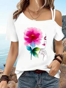 Women's Casual Sports T-Shirt With Vibrant Floral Design - Elastic Off-Shoulder Round Neck Top, Machine Washable, Comfortable Fit, To Pair With Jeans And Enjoy At The Beach, Perfect For All Seasons. - 白色 - 查看 7