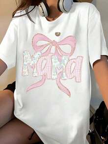 Women's White T-Shirt With "Mama" Bow Print, Floral And Plaid Design With Pink Bow Graphic, Soft Cotton Top For Casual Wear [Suitable For Leisure And Sports Activities] - 白色 - 查看 7