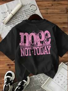 | Exquisite Design | Loose And Comfortable | Easy To Match | [Double-Sided Print] Women's Spring/Summer T-Shirt, Vintage Style, "Nope Not Today" Letter And Star Print, Pure Cotton, Casual Daily Wear, Short Sleeve, Round Neck, Women's T-Shirt - 黑色 - 查看 3