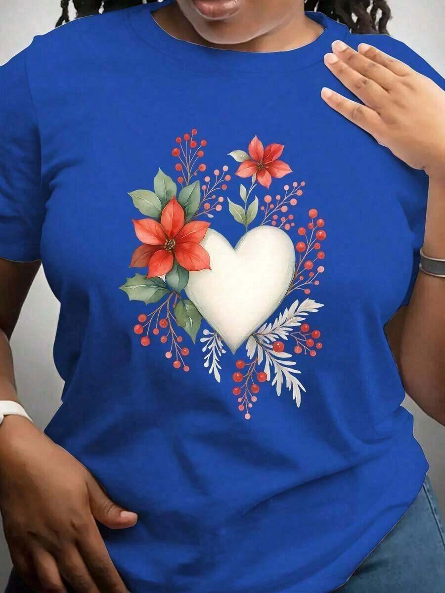 NewSummerCasual Blouses For Women: Women's Short Sleeve T-Shirt With Floral And Heart Print - Casual Crew Neck Blouse, Soft And Breathable, Ideal For Daily Wear, Loungewear And Spring-Summer Outfits - Machine Washable And Comfortable - Suitable For Spring, Summer And Autumn - Vintage Street Style Unisex Loose Cotton Short Sleeve Crew Neck T-Shirt - 藍色的 - 查看 1