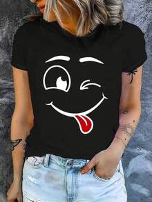 1pc Camisetas Para Mujer Camiseta divertida con diseño de  sonriente y lengua afuera estilo y2k ideal para los amantes de la moda urbana expresiva, perfecta para destacar tu personalidad única y original, atrévete a lucirla y marca  en México, solo una pieza disponible Camiseta De Manga Corta De Algodón - Negro - Ver 6