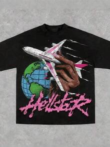 Cotton Graphic T-Shirt, Plus Sizes, Men's Short Sleeve Summer Casual T-Shirt With Hell Star Earth Print, Cotton Printed T-Shirts, Y2K, Men's Oversized T-Shirt, Summer Tops, Women's Casual Printed T-Shirt, Short Sleeve And Round Neck, Spring/Summer Local Urban Fashion. - 黑色 - 查看 6