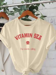 Camiseta Casual de Mujer con Temática Oceánica - Manga Corta, Cuello Redondo, Diseño con Estampado Oceánico, Ideal para Primavera y Verano - Lavable a Máquina para un Uso Cómodo - Albaricoque - Ver 1