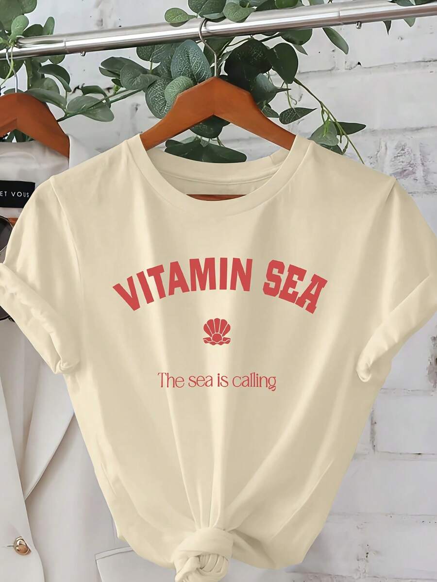 Camiseta Casual de Mujer con Temática Oceánica - Manga Corta, Cuello Redondo, Diseño con Estampado Oceánico, Ideal para Primavera y Verano - Lavable a Máquina para un Uso Cómodo - Albaricoque - Ver 1