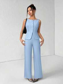 PETITE Conjunto de chaleco y pantalones de un solo pecho de unicolor con cuello redondo, elegante traje de oficina para mujer, ropa de mujer de verano y otoño, conjunto de oficina, ropa casual de negocios, conjunto de dos piezas, ropa de oficina de otoño para mujer, conjunto de blazers para mujer - Celeste - Ver 4