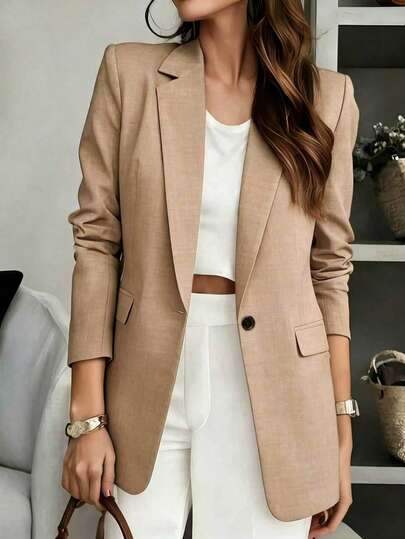 Women's Solid Color V-Neck Long Sleeve Blazer, Single-Breasted Lightweight Thin Jacket, Suitable For Office, Remote Work, Daily Wear, All Seasons