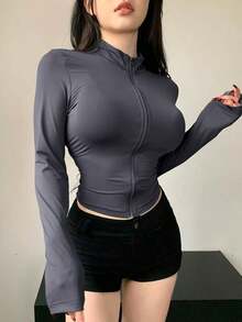 Camiseta de manga larga de cuello alto y ajuste ceñido para mujer, ropa de otoño - Gris Oscuro - Ver 3
