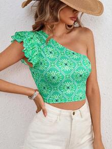 VCAY Parte superior asimétrica de punto impresa corta y entallada para mujer, ideal para vacaciones - Verde - Ver 3