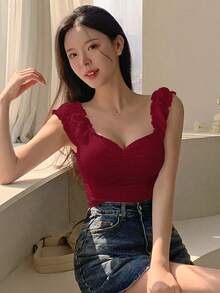 Top sin mangas de verano para mujer, de unicolor, con cuello de corazón fruncido, para salir - Burdeos 2 - Ver 5