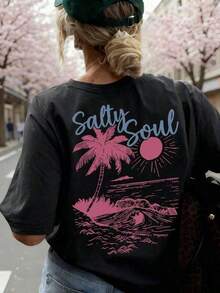 SALTY SOUL Women's Summer T-Shirt 2026, New Spring/Summer Collection, Coconut And Sun Print, Round Neck, Short Sleeve, Casual, Versatile, Essential Garment For Everyday Wear And Vacations. Women's Vacation Print T-Shirt, Loose And Comfortable, Summer Tops - 黑色 - 查看 7