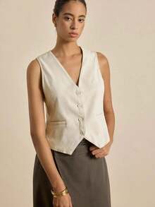Chaqueta sin mangas minimalista y sencilla para mujer para usar a diario en otoño - Albaricoque - Ver 2