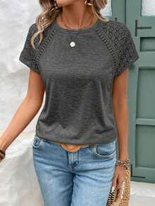 Elegante Camiseta Ajustada Con Patchwork De Encaje Y Manga Corta - Gris Oscuro - Ver 5